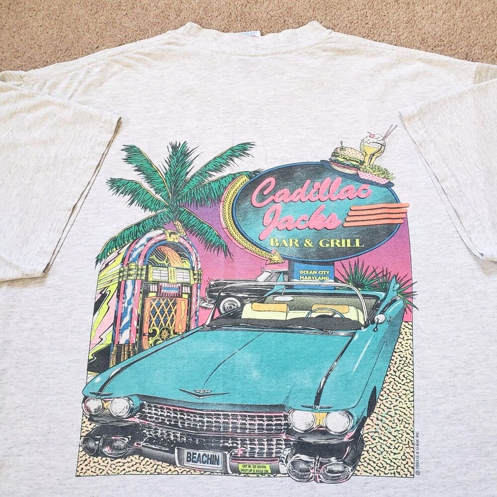 Vintage 90s Cadillac Jacks OCMD Sz XL Mens Grey Double Side T-Shirt Bar & Grill